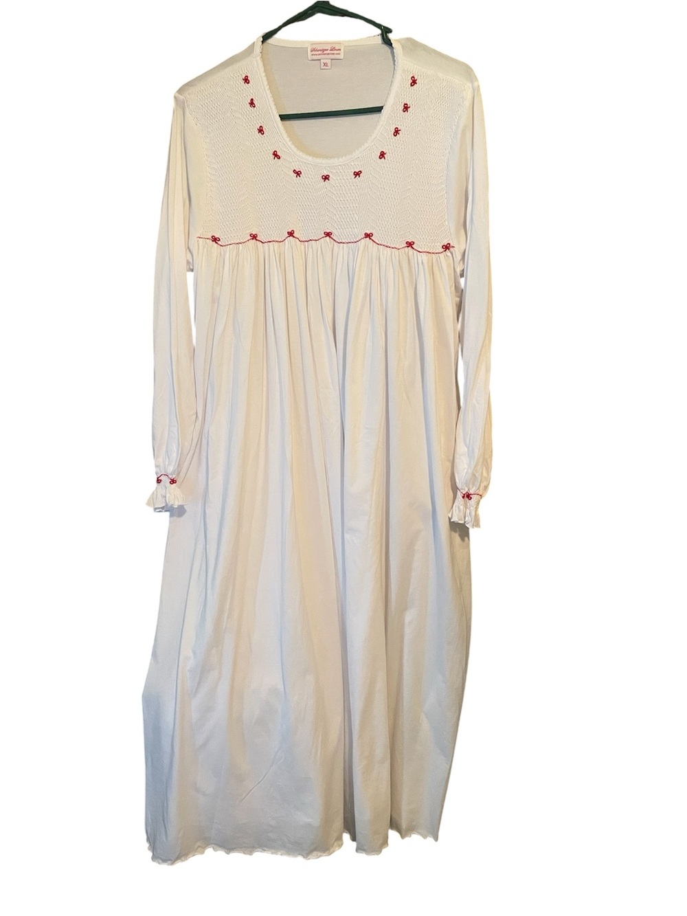 Schweitzer Linen Nightgown Long Smocked White Embroidered Red Bows Pima Cotton